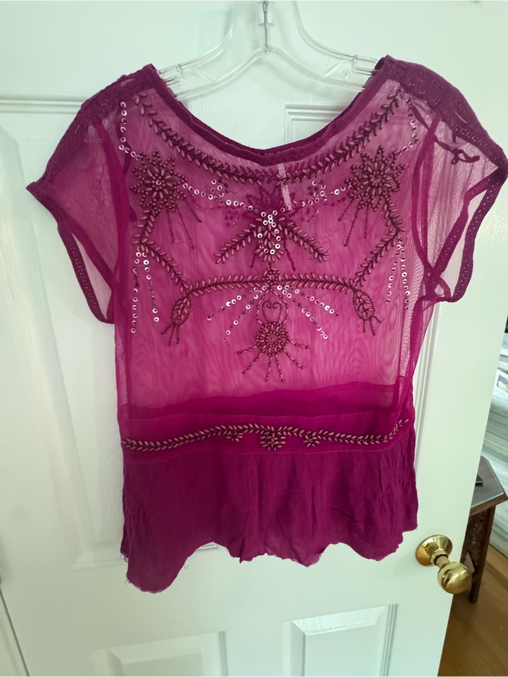 Free People Bohemian Sheer Beaded Magenta Blouse Festivals, Party and night out
